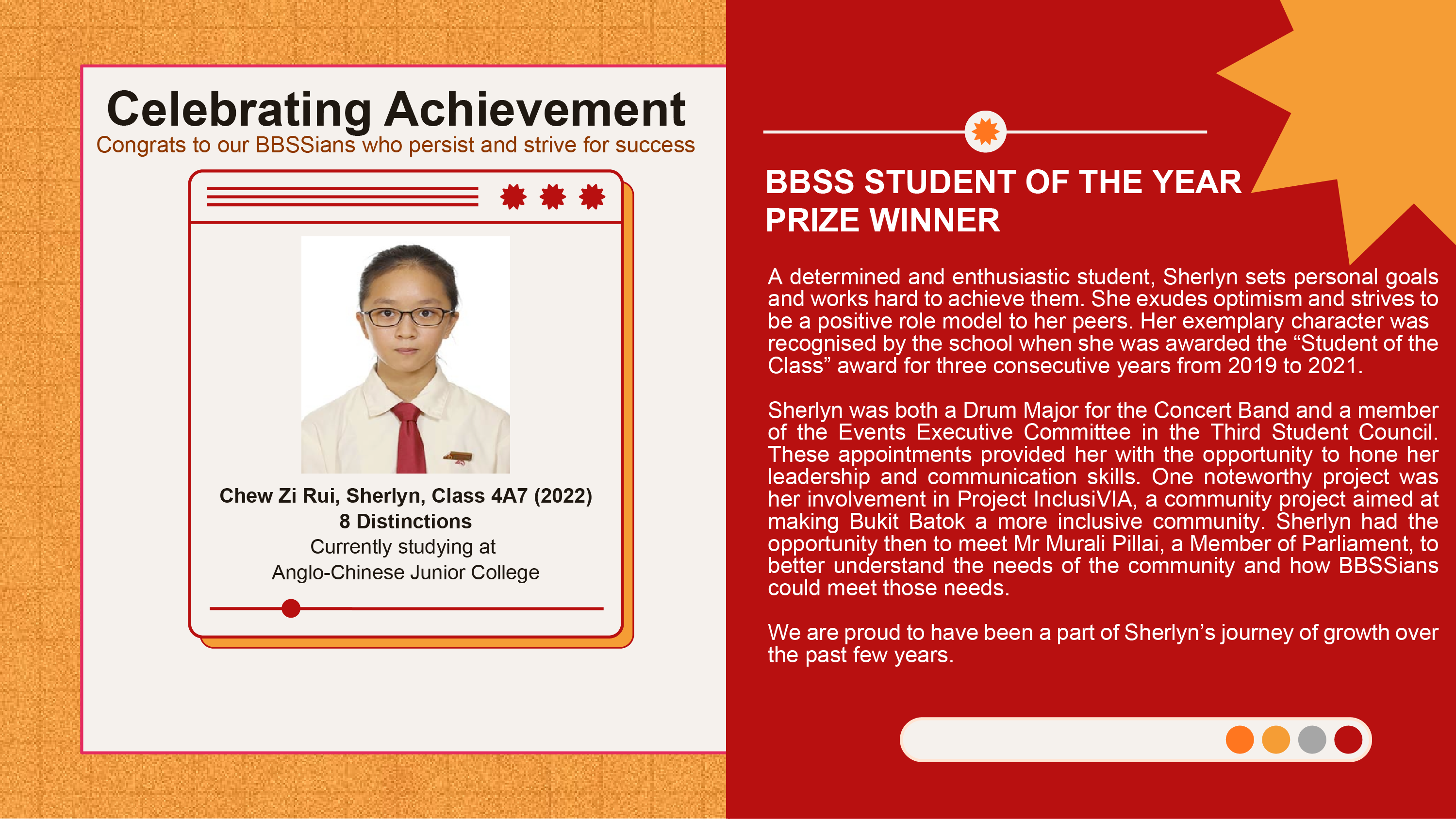 Award announcement for BBSS Student of the Year, featuring a photo of Sherlyn, Class 4A7, with 8 Distinctions.